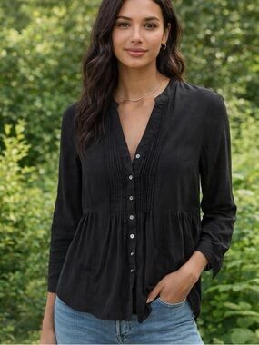 SOLD Maeve Black Button-Front Peplum Pintuck Blouse